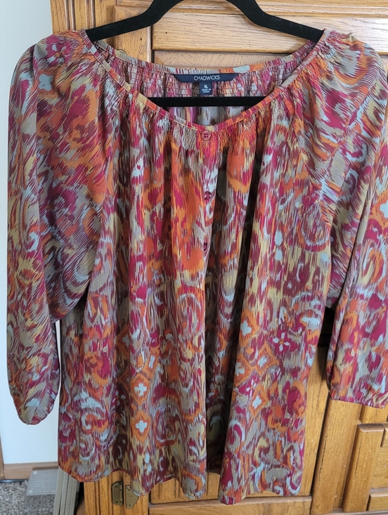 Chadwicks Tops - Chadwicks Multicolor Printed Peasant Blouse - Pink, Orange, Tan